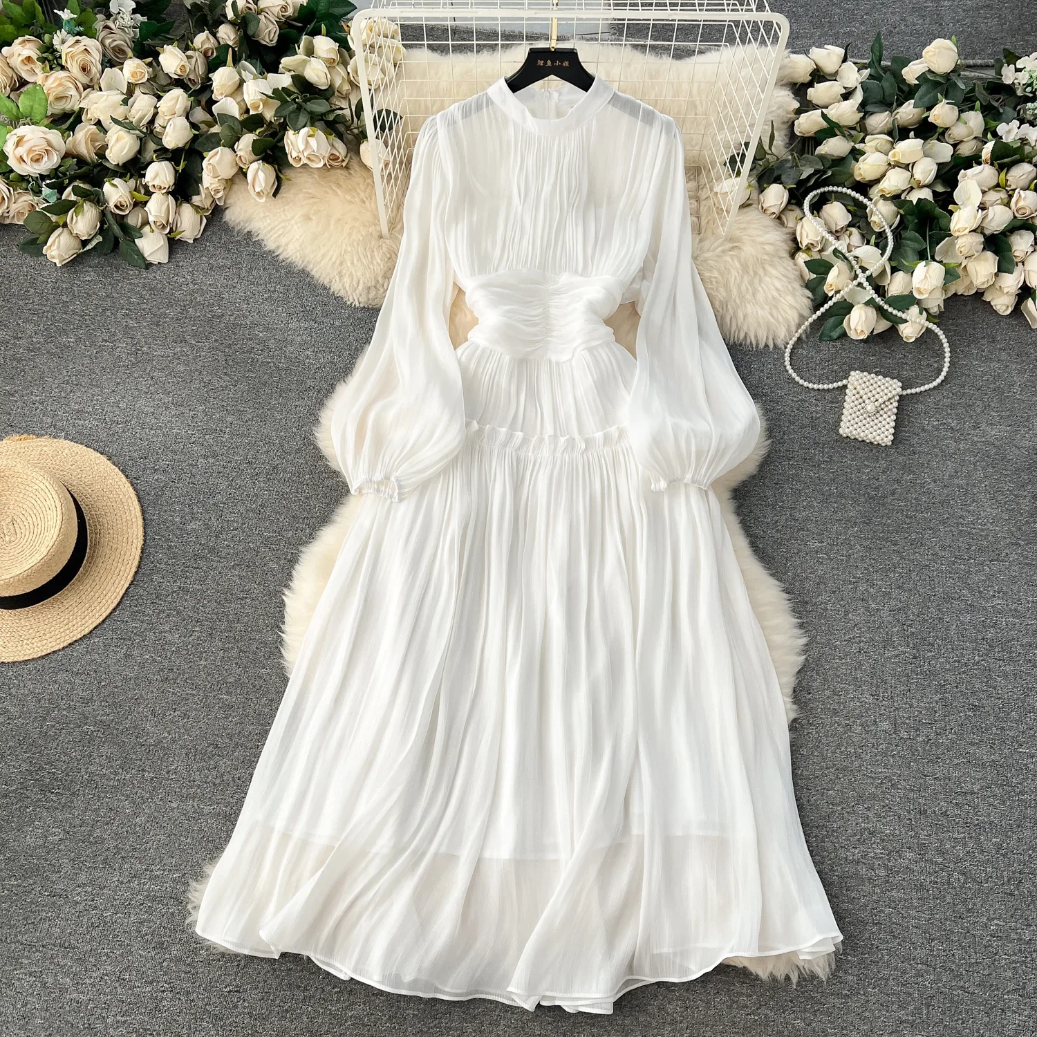 

Pleated Dress Women Dresses Ankle Length Puff Sleeve Vestidos Pullover Party White Sexy Basics Summer High Waist Folds Vestidos