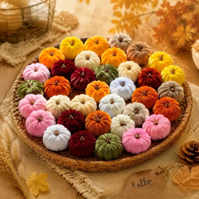 60PCS/5SET Mixed Colors Gift Pack Flocked Texture Soft Velvet Fall Harvest Fabric Pumpkin Halloween Decor Mini Table Ornament