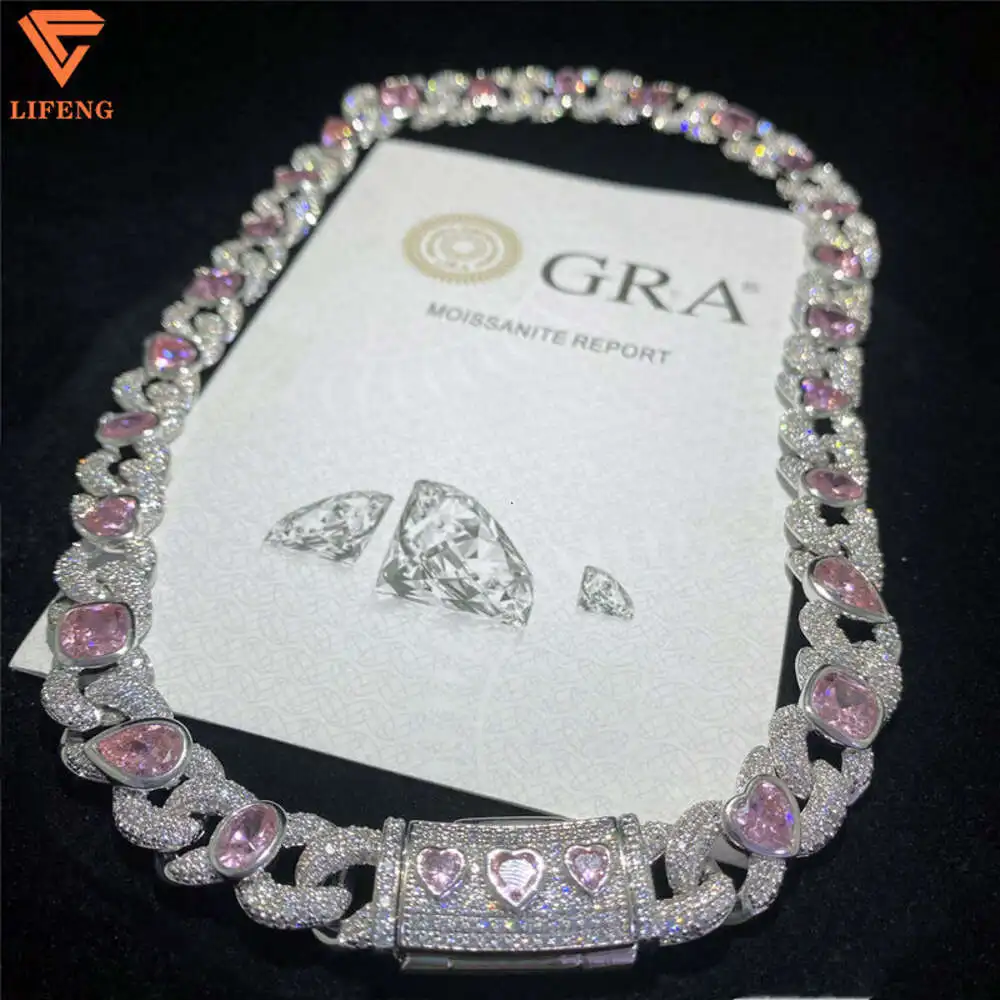 Iced Out Fine Jewelry 18k Gold Plated Pink Heart Vvs Moissanite Diamond 13mm Cuban Link Chain 925 Silver Hiphop Necklace