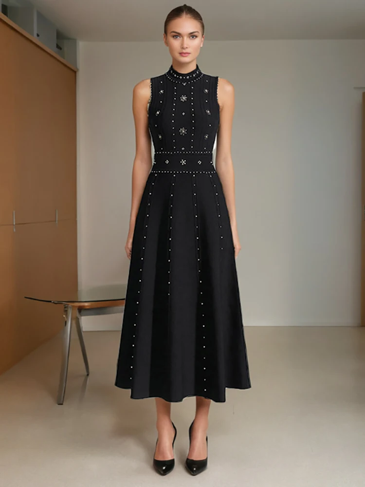 

Sexy O Neck Tank Backless Beaded Long Dress Women Black Sleeveless Hollow Out High Waist Slim Dresses Evening Party Gowns