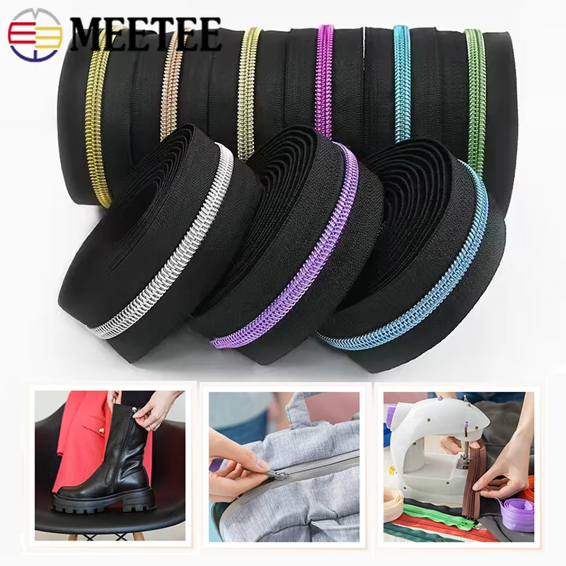 Meetee 2-10M 5# Nylon Zipper Rolls By Meter Garment Sewing Zip Closures Bags Decoration Zippers Black Cloth Zips Repair Kits