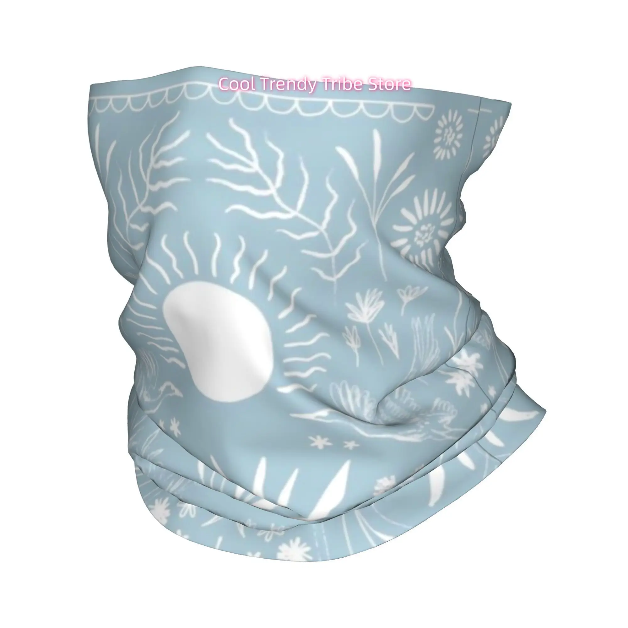 Light Blue Background White Line Art Nature Pattern Boho Novelty Head Scarf Bandana for Women Boho Floral Hair Wrap Summer Beach