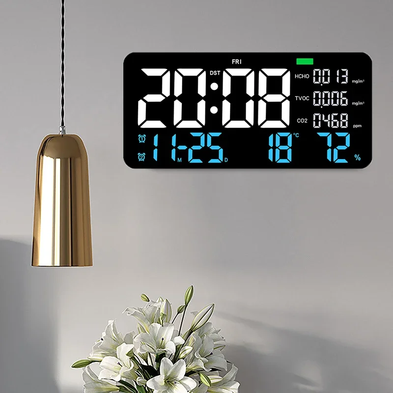 Led Digital Wall Clock Formaldehyde HCHO TVOC Tester LCD Temperature Humidity Display CO2 Meter Clocks Home Decor Remote Control