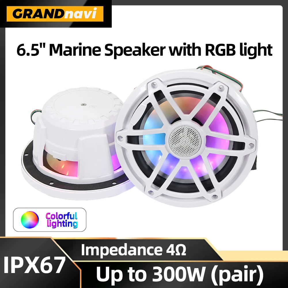 2PCS 300W 6.5 inch Marine Speaker With RGB Lights Waterproof IPX67 Speakers For Yachts Golf cart RV ATV UTV Sauna Motorboat