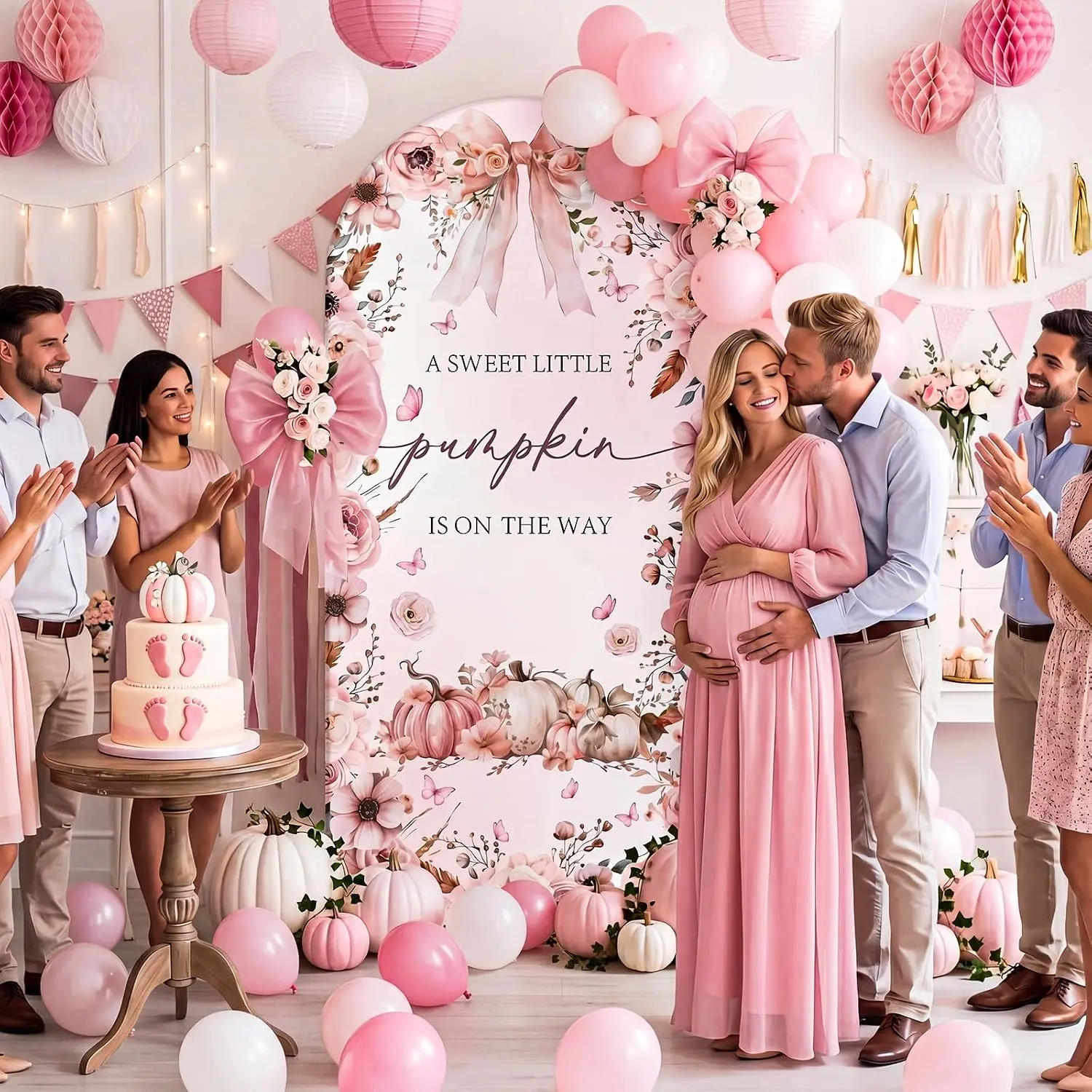 2-sided Sweet Pumpkin Baby Shower Backdrop Fall Pink Flower Bow Butterfly Party Newborn Girl Gender Reveal Arch Background Cover