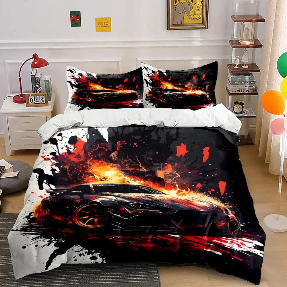 Multiple Sizes Fiery Urban Racing Art Print Bedding Set 1 Duvet Cover 2 Pillowcases for Adult and Children Luxury Gift Full Size