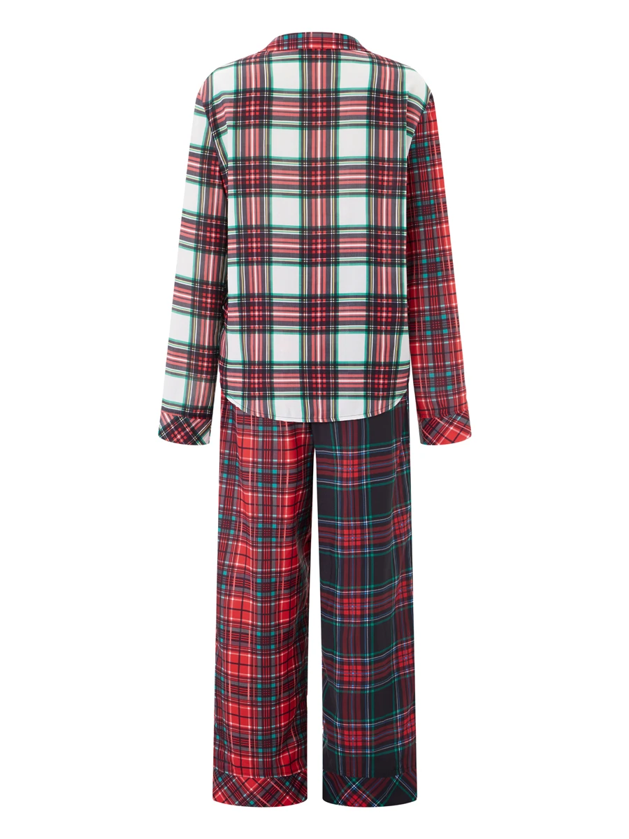 Женский пижамный комплект в клетку, топы на пуговицах с длинными рукавами, длинные брюки с эластичной резинкой на талии, комплект одежды для сна из 2 предметов