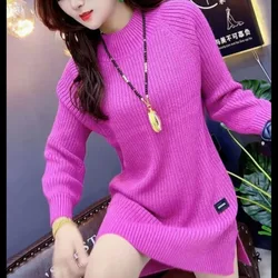 Autumn Winter Women Fashion Bright Silk Split Basic Knitted Sweater Dresses Female O Neck Long Sleeve Slim Pullover Midi Dress