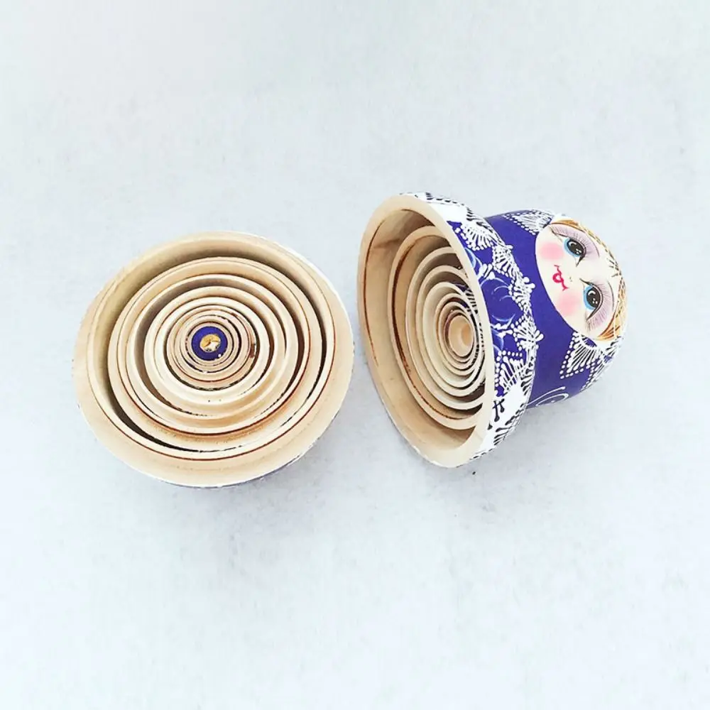 10Pcs/Set Wood Russian Nesting Blue Floral Print Handmade Matryoshka Wooden Cartoon 10 Layer Stacking Chidrens Gift