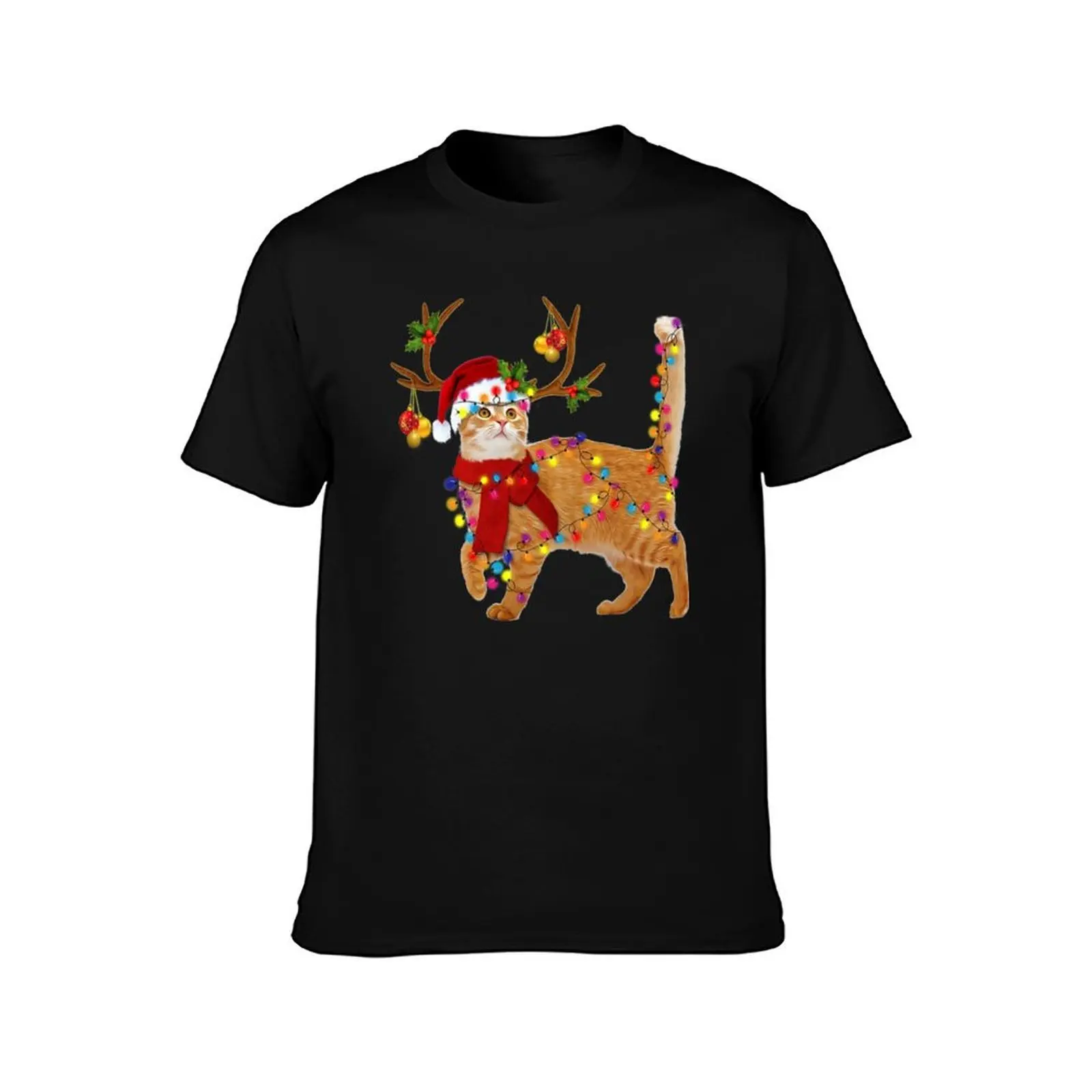 Cat Gorgeous Reindeer Christmas Lights Tree Cat Scarf Xmas Santa Claus T-Shirt Work Casual Loose Fit T-Shirt