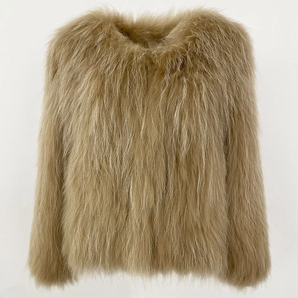 Winter Real Raccoon Fur Coat Women Double-side Knitted Thicken Natural Fur Jacket Long Sleeve V-neck Winter Coat Women