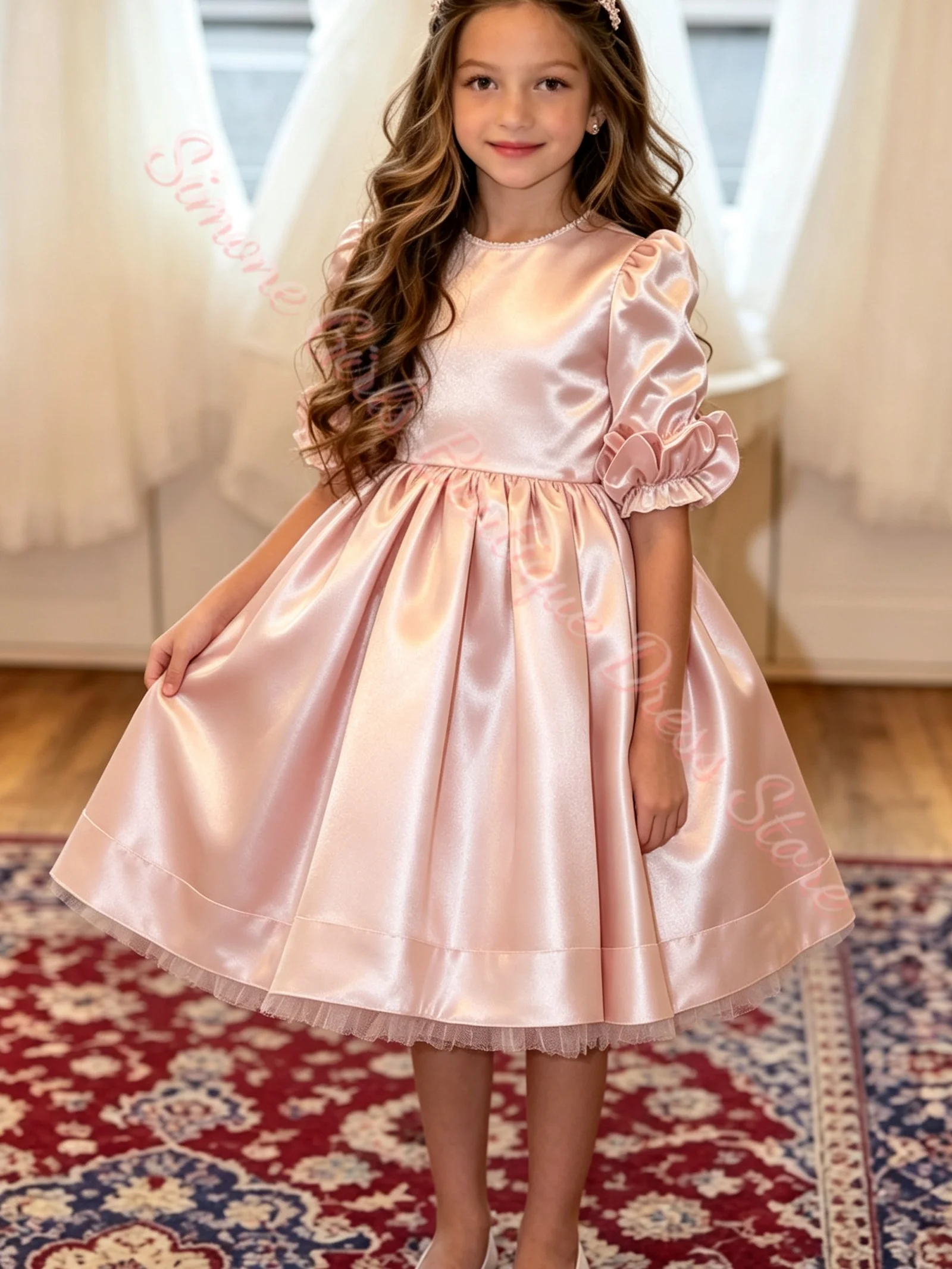 Großhandel Maßgeschneidertes Champagnerfarbenes Blumenmädchenkleid für Hochzeiten, Tüll, bauschig, 3/4-Ärmel, hohe Taille, Kindergeburtstag, Erstkommunion – Detail 2