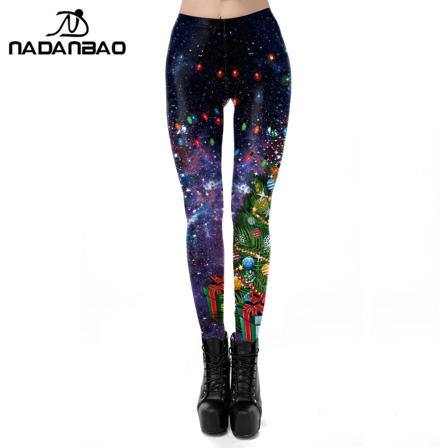 Nadanbao céu estrelado árvore de natal boneco de neve impressão leggings sexy meados de cintura calças finas para mulheres verão casual ao ar livre
