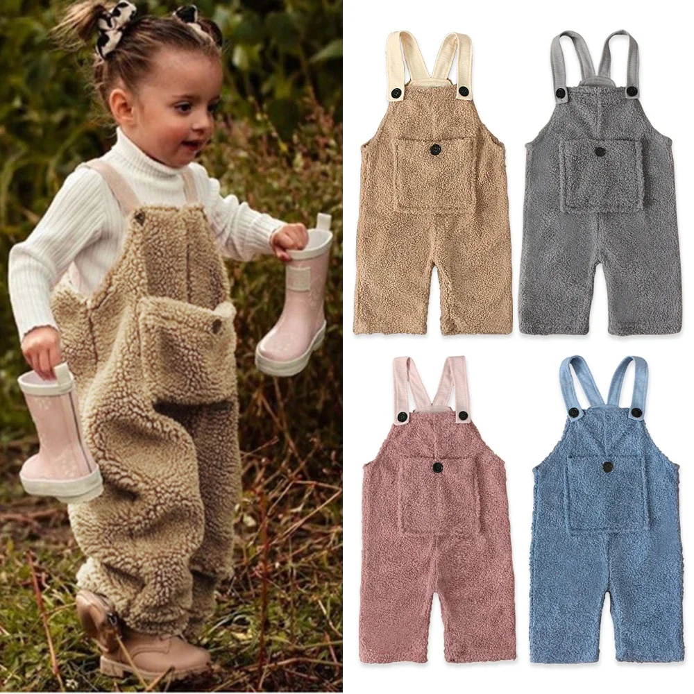 

2023 Winter Fall New Baby Girls Suspender Trousers Cute Fleece Overalls with Shoulder Strap Pocket Toddler Infant Clothes