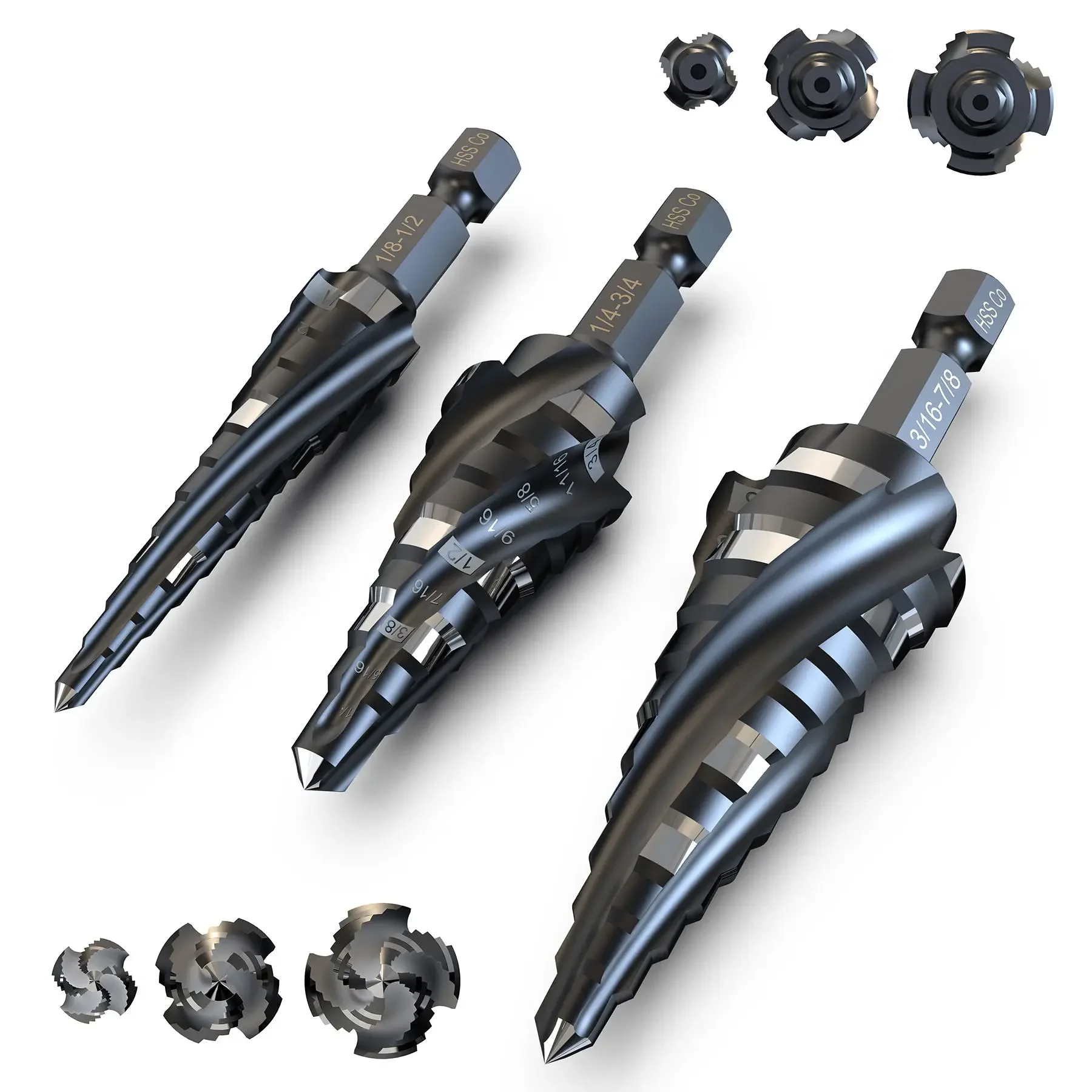 1WANYUE 3pcs 4 Spiral Flute Step Drill 1/8