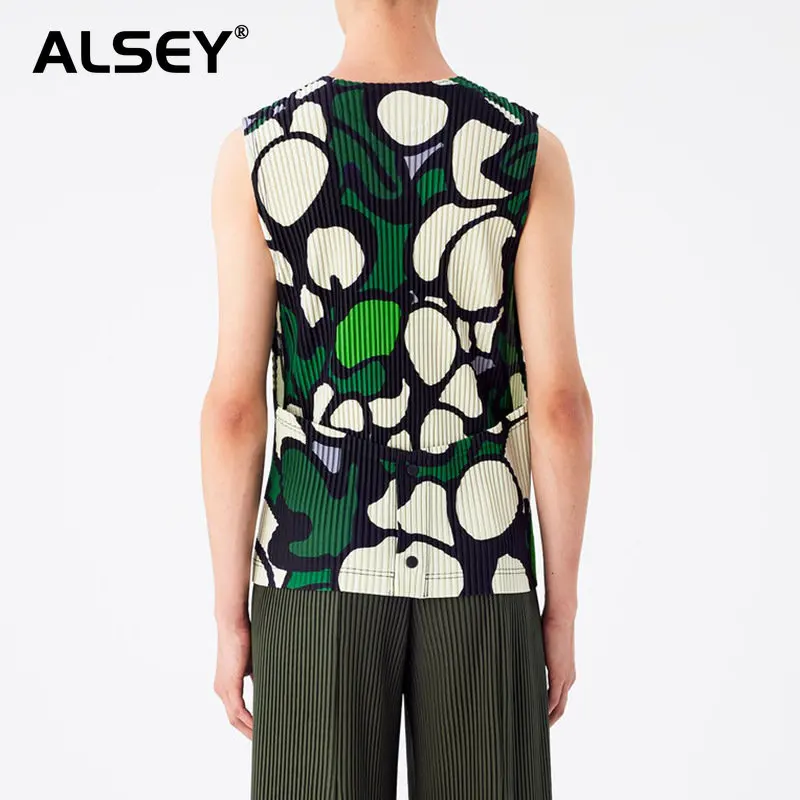 ALSEY Miyake Summer New Men's Tank Top 2023 Loose Casual Print Pleated Sleeveless Top Multiple Wearing Methods Hip Hop Fashion