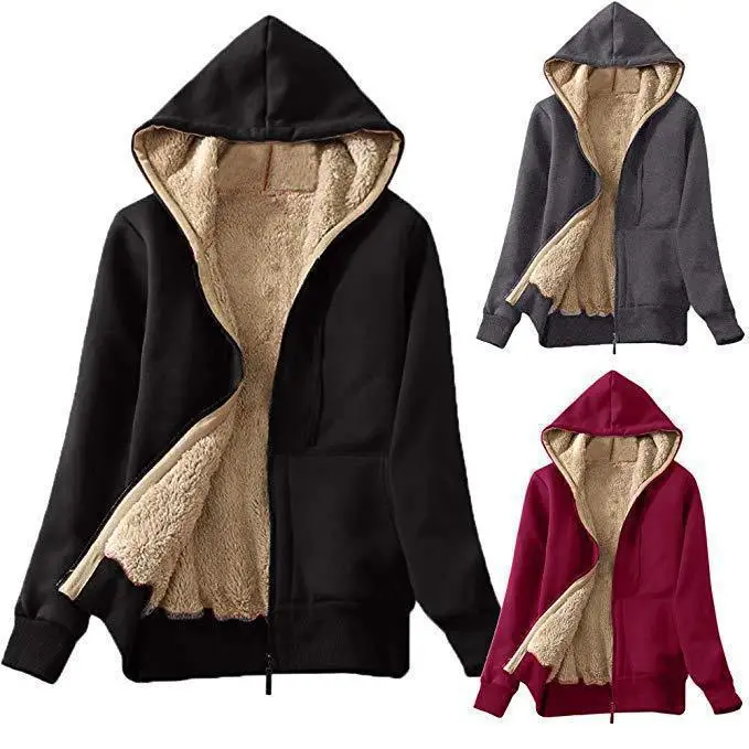 

2025 Winter Women's Clothing Popular Warm Fleece Hooded Sweater Pocket Jacket Europe and America