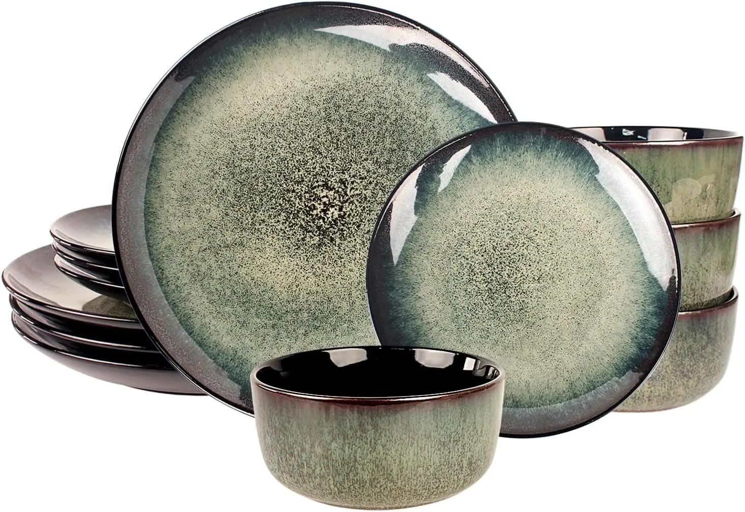 

Dinnerware Sets(12Pcs) Serves for 4, Reactive Glaze Plates and Bowls Set with 10.6"dinner plates,7.9"Small Plates,5.5"bowls, Mod