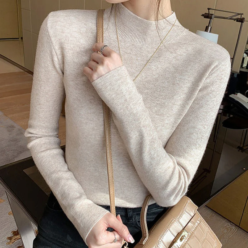 Epligg 2024 New Stretch Tops Women Knitted Pullovers Long Sleeve Bottoming Knitted Sweater Turtleneck Sweater Women Pullovers