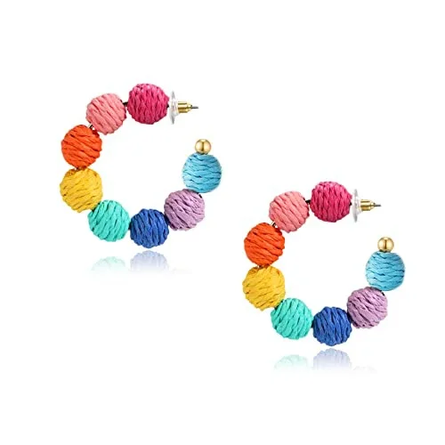 

Rattan Earrings Summer Boho Raffia Ball Hoop Dangle Earrings for Women Girls Lightweight Straw Wicker Statement Earrings Bohemi