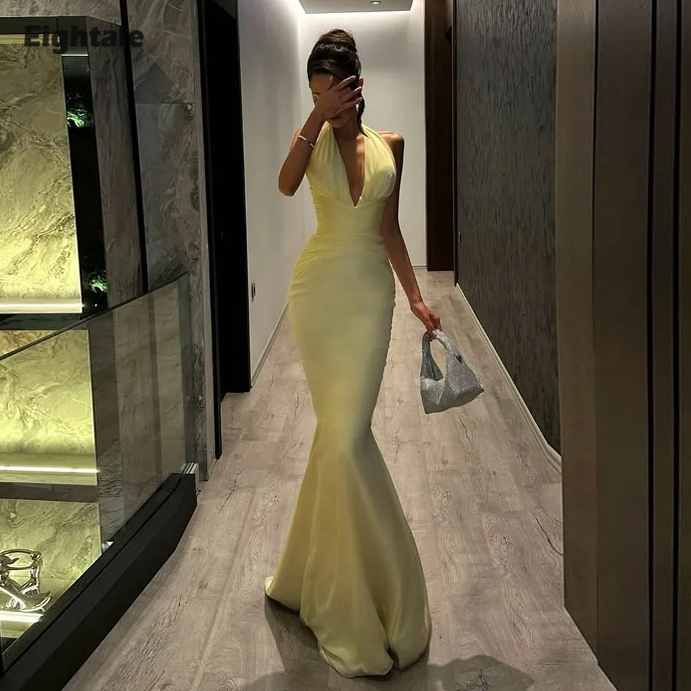 Eightale Arabic Evening Dress Halter Customized Chiffon Yellow Pleats Mermaid Prom Wedding Party Gown