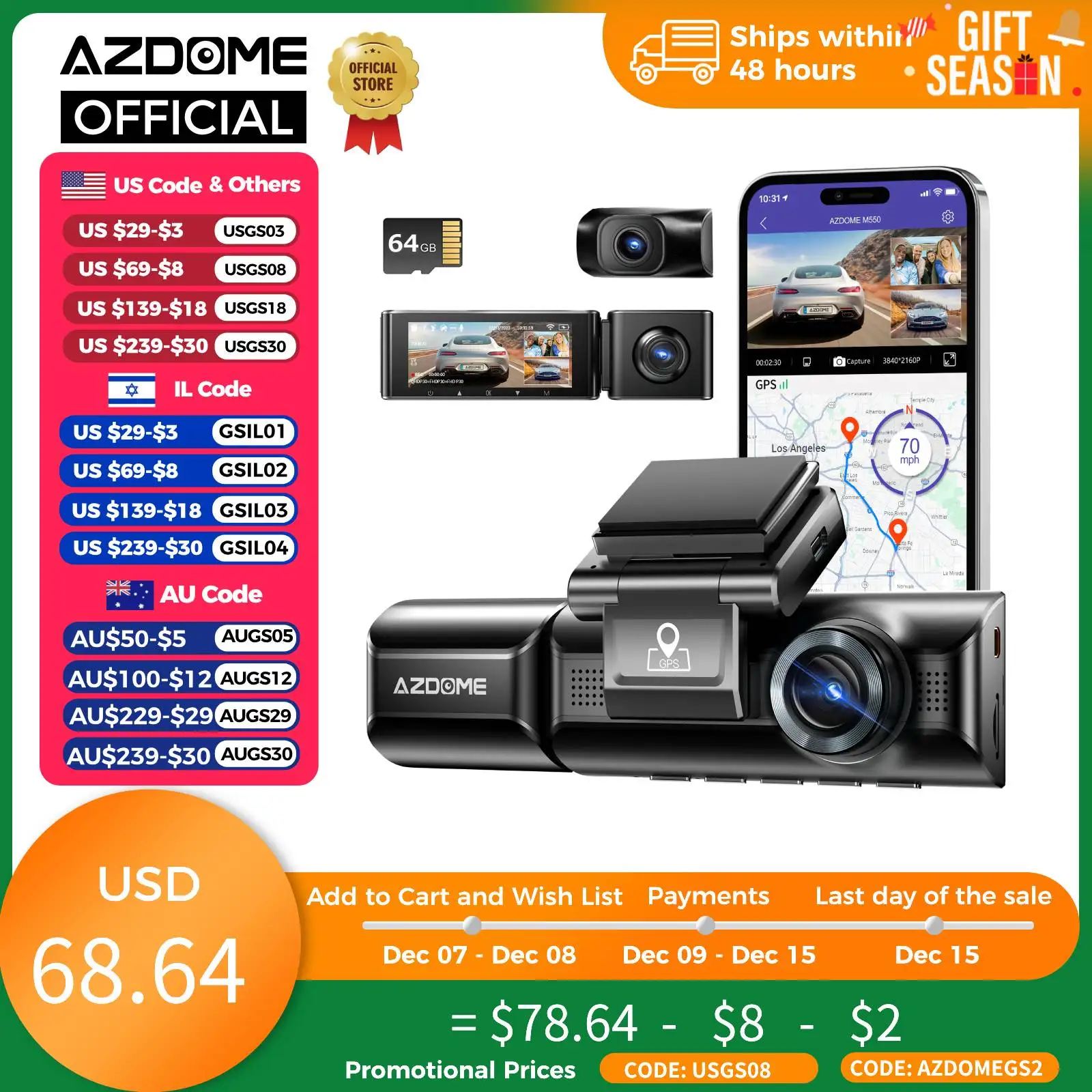 Azdome traço cam m550 4k + 1080p embutido gps wifi câmera do painel do carro frente dentro traseira 3 vias ir visão noturna carro dvr suporte câmera