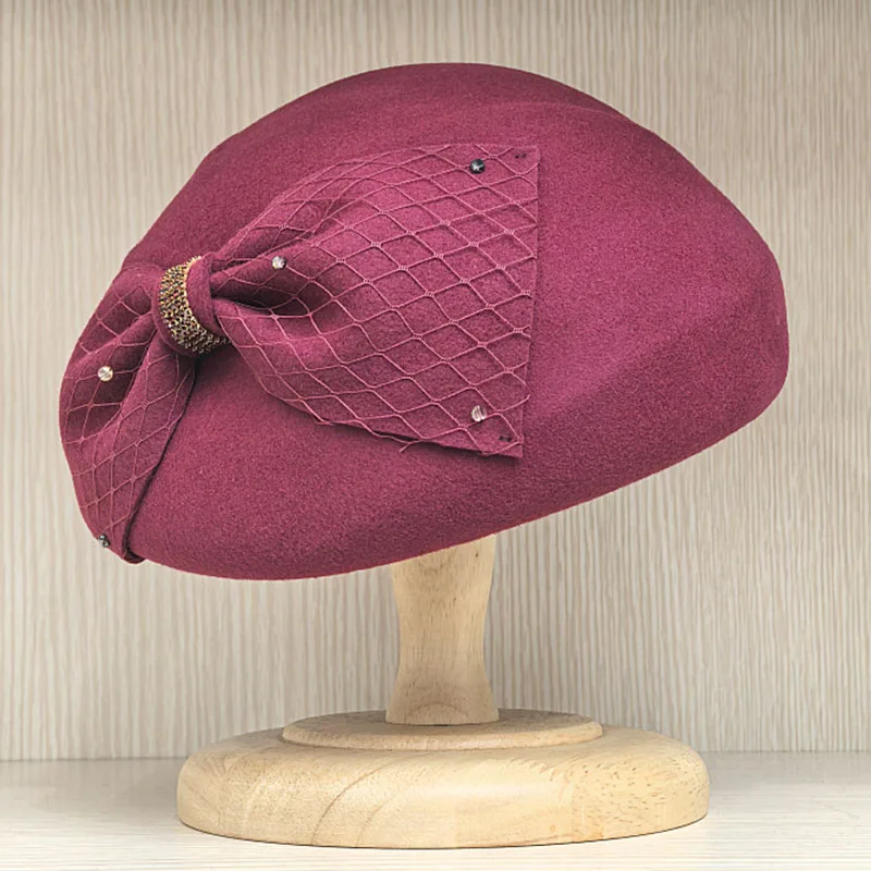 Wool Felt Beret Winter Hats for Women Bow Veil Fascinator Hat Dressy Cocktail Pillbox Hat Wedding Bridal Church Tea Party Hat