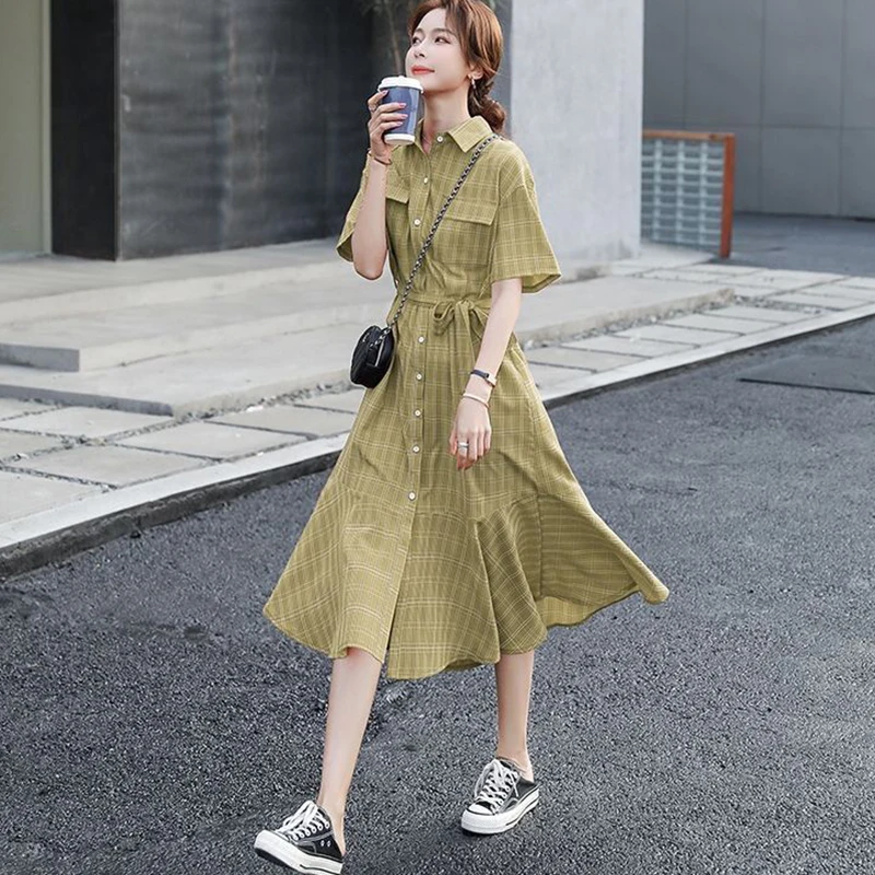 Mode Revers Knopf Taschen Bandage Plaid Hemd Kleid weibliche Kleidung Sommer neue lose koreanische Meerjungfrau Freizeit kleider