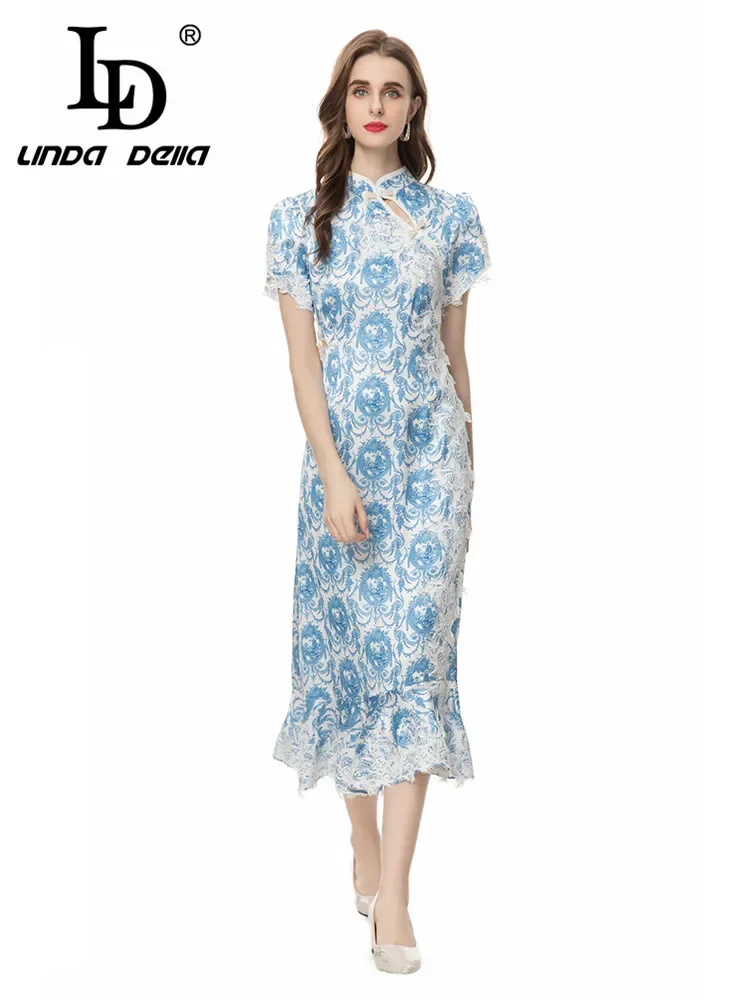 

LD LINDA DELLA Summer Elegant Temperament Dress Women's Vintage Embroidery Hollow Out Beading Lace Backless Ruffle Hem Dresses