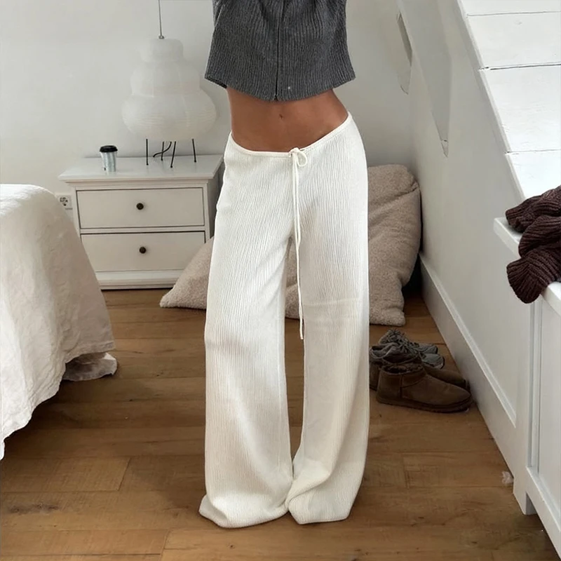 BKLD Solid Drawstring Straight Sweatpants Female Fall Low Waist Soft Rib Trousers Casual Vintage Streetwear Sport Wide Leg Pants