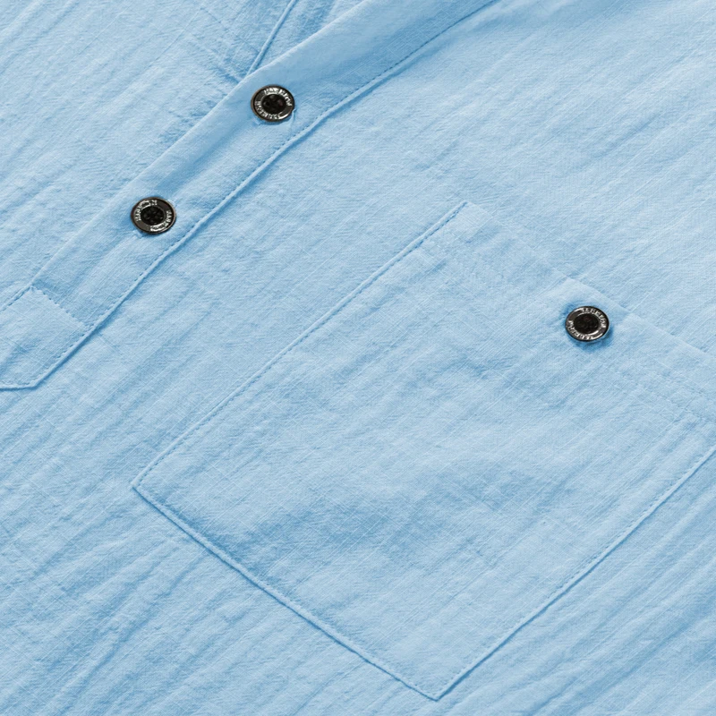 Herren-Henley-Shirt mit Stehkragen, Kurzarm, Baumwoll-Leinen-Mischung, Brusttasche, Atmungsaktiv, Sommer, Alltag, Reise, Strand, Freizeit-Oberteil – Detail 6