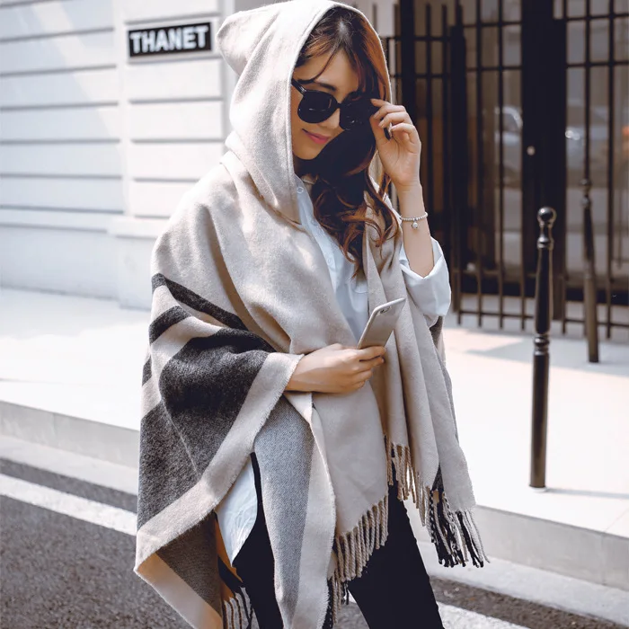 New Poncho Striped Travel Scarf Air Conditioned Room Thickened Warm Hooded Split Hooded Coat Photography Cape Women Cloak P2