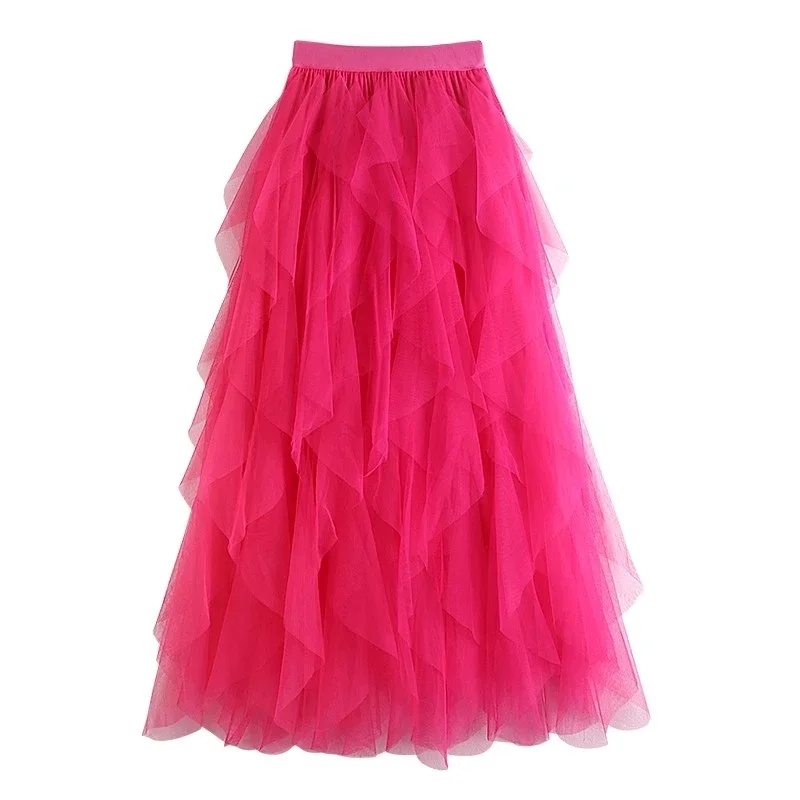 

Fashionable Tiered Maxi Tutu Tulle Skirt for Women 2024 Summer Korean A Line High Waist Pleated Long Mesh Skirt Female L541