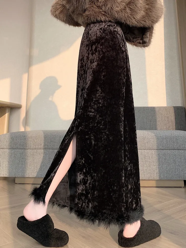 

High Waist Velvet f Skirt with Furry s Mid-Length A-Line Women's Autumn Winter Bla Skirt Comfortable Commute Sle