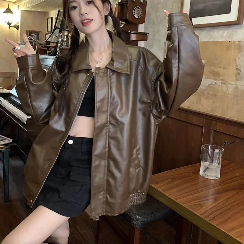 Vintage Maillard brown leather jacket for women fall and winter PU leather bomber jacket streetwear women versatile outerwear