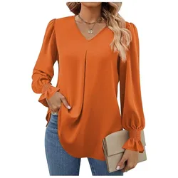 Women's New Solid Color Chiffon Shirt V-neck Pullover Flared Long Sleeved Shirt Pleated Orange Comfortable Casual Versatile Top