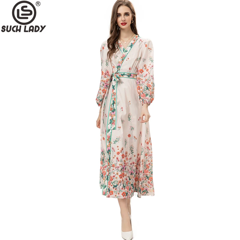 

Women's Runway Dresses V Neck Long Sleeves Printed Lace Up Waist Elegant Fashion Designer Mid Vestidos