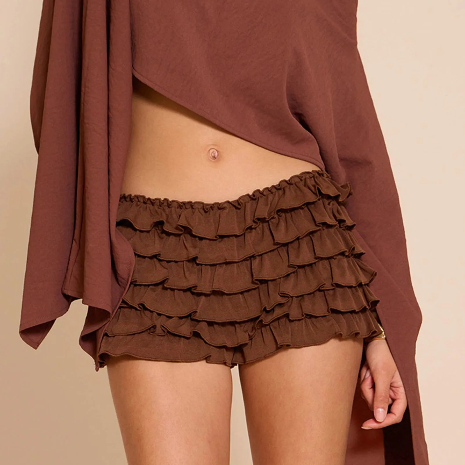 Elastic Multi-Layer Mesh Short Pants Women Summer Solid Ruffled Frilly Shorts Sweet Low Waist Bloomers Shorts Y2K Streetwear