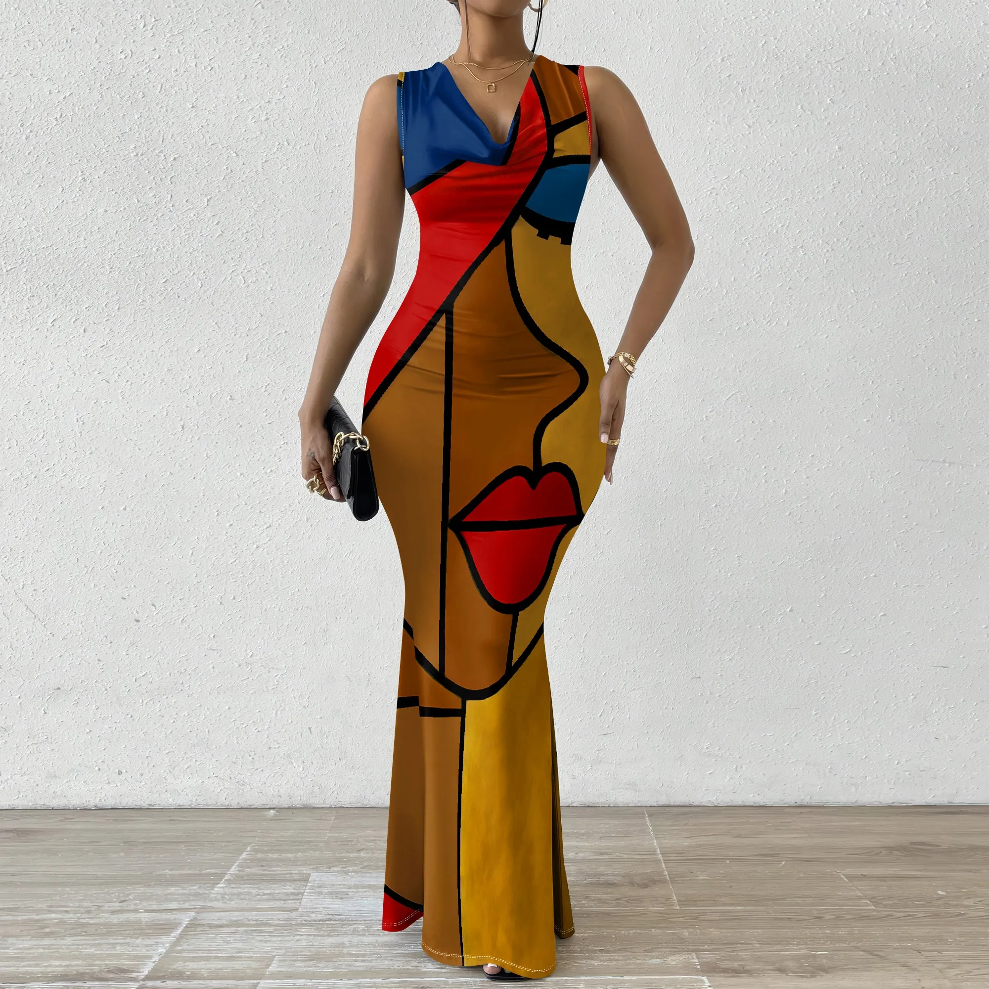 

Abstract Face Print Maxi Dress XS-2XL for Women Afro Modern Art Style Sleeveless Bodycon Dress for Gallery & Culture Day