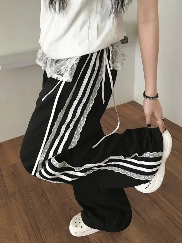 Y2K Black White Side Striped Straight Baggy Pants Sweet Lace Unique Punk Dance Women Men Casual Hip Hop Long Pants Elastic Waist