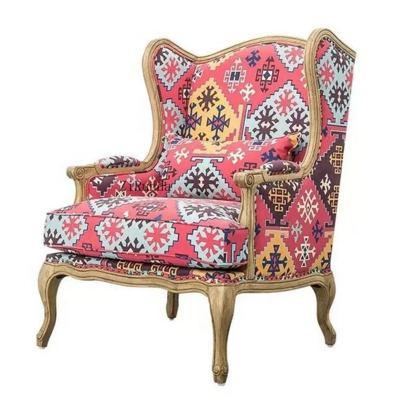 Living room retro wooden fabric pink sofa chair single seat sofa reclining accent chair