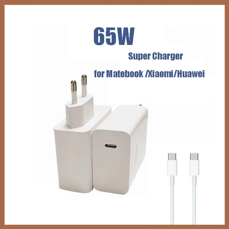 65W Super Charger for Xiaomi Huawei Matebook 13/14 with EU Plug USB C Power Adapter for Laptop 2M 6 Core USB C to Type C Cable