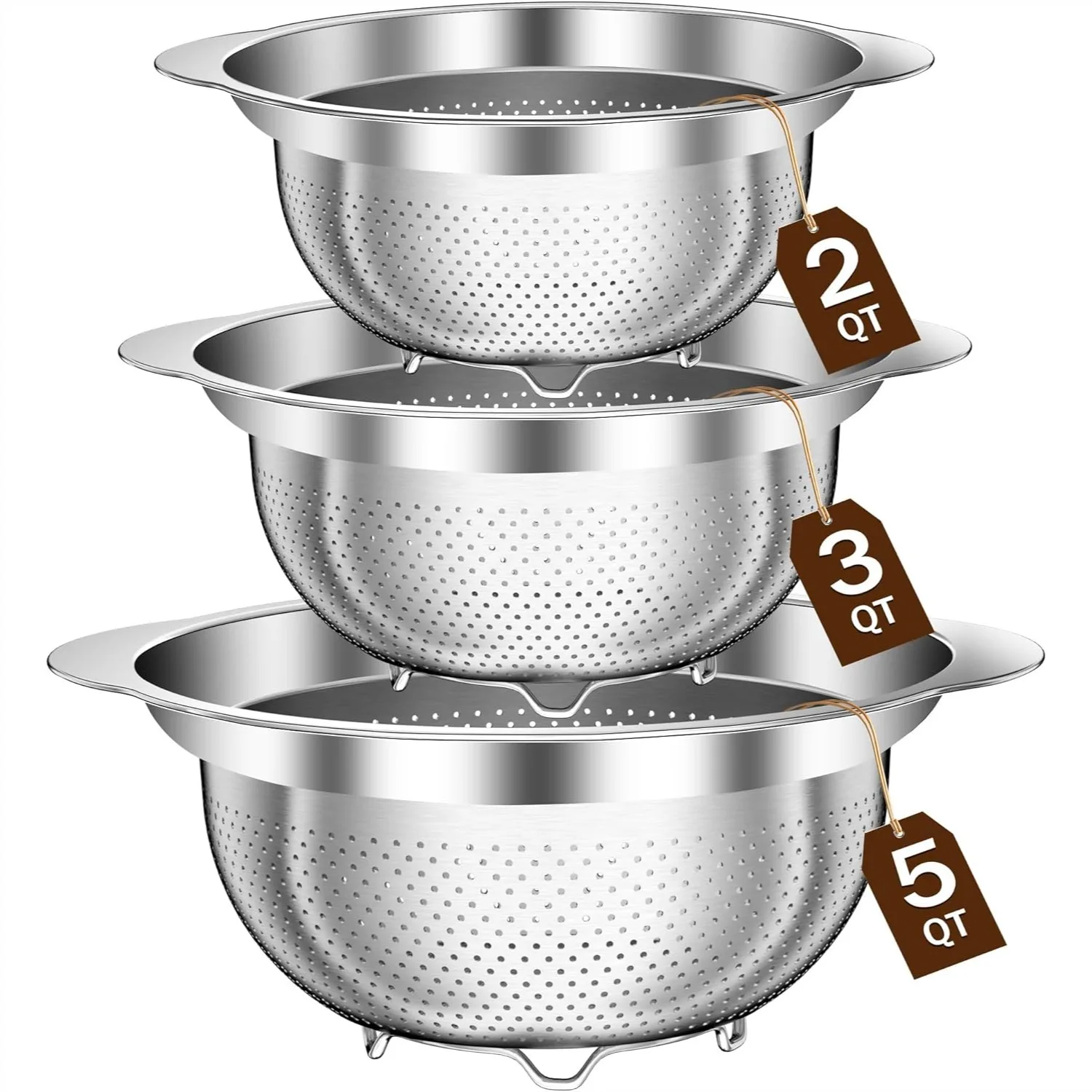 Juego de Coladores de Acero Inoxidable de 3 Piezas (2QT, 3QT, 5QT) para Cocina, Colador para Pasta con Patas Antideslizantes, Apto para Lavavajillas