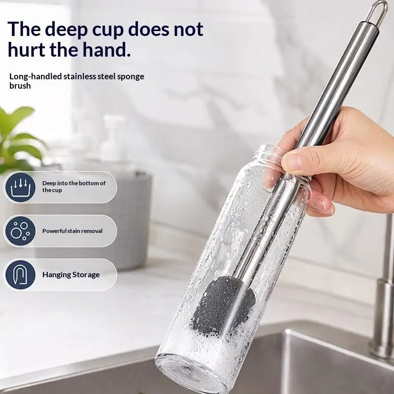 Stainless Steel Long Handle Sponge Cup Brush Strong Stain Removal Hangable For Kitchen Cleaning Bottles Mugs Tumblers