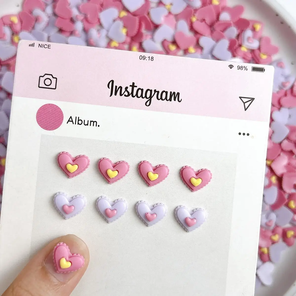 50PCS 3D New Double Layered Heart Resin Nail Charms Luminous Colorful Lace Peach Heart Nail Art Decorations DIY Nails Supplies