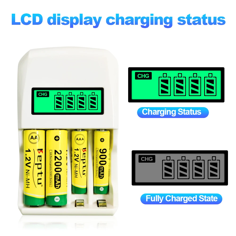 KEPTU 2200MAH AA Rechargebale Battery + AAA 900MAH 1.2V NI-MH AA/AAA Rechargeable batteries with 4-Slot LCD Fast Charger