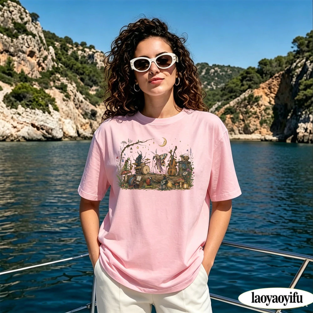 Fairy Insect Band Night Forest Summer Women Cotton T-Shirt Moon Wild Bug Music Party Vintage Wildlife Graphic Short Sleeve Tee