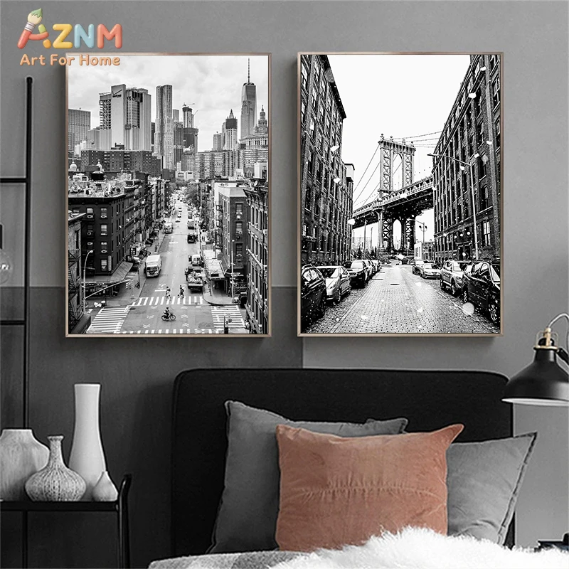 AZNM Black White New York City Landscape Canvas Wall Art, Urban Building Street Bridge Travel Print Living Room Home Wall Decor