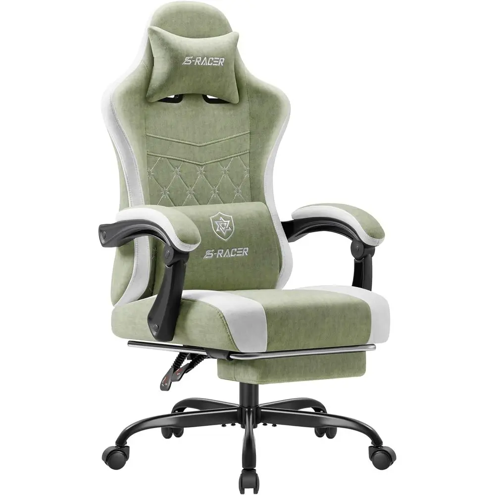 Ergonomic High-Back Gaming Chair with Massage, Recline, and Adjustable Lumbar Support in Breathable Fabric for Adults (Green)