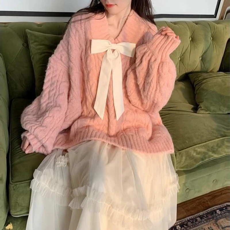 Bow Tie V-Neck Sweater Women Twist Loose Lazy Pink Lantern Sleeve Knitted Pullover Solid Fashion Pretty Style Female  Jumpers